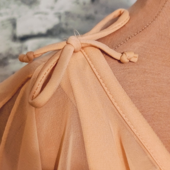 Vintage 70s melon Maxi Dress chiffon cape Super full   skirt shoulder ties SM - Picture 9 of 12